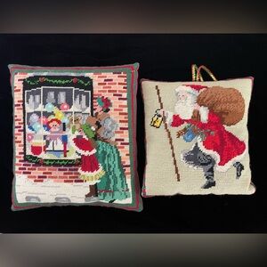 Vintage 1970s Handmade Needlepoint Christmas Pillows Lot of Two 2x